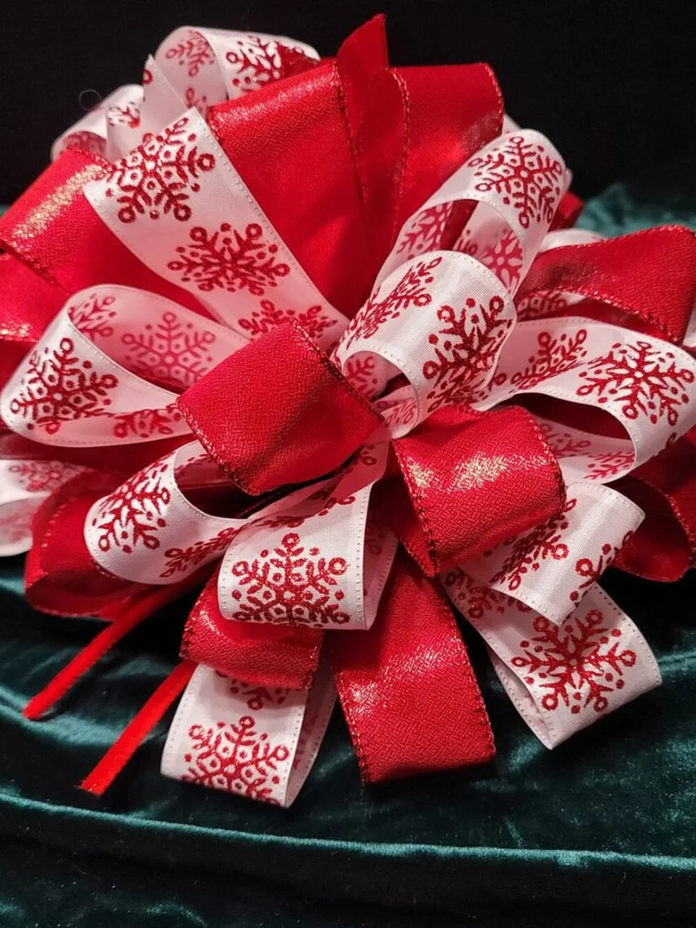 Christmas Tree Bow Topper, Red Snowflake and Red Ribbon Tree Topper 44 Loop Bow